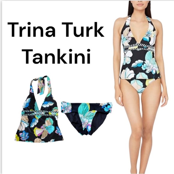 NWT Trina Turk Sintra Black Tropical Flora Halter Tankini Swimsuit Set Size 2 - Picture 1 of 16